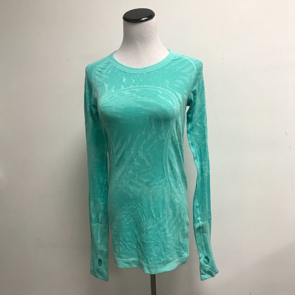 Lululemon turquoise blue swiftly tech palm print long sleeve top thumbholes 8